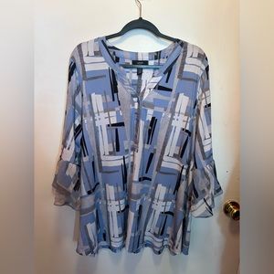 Alfani, size 3x blue and grey blocked blouse with 3/4 sleeves with ruffles